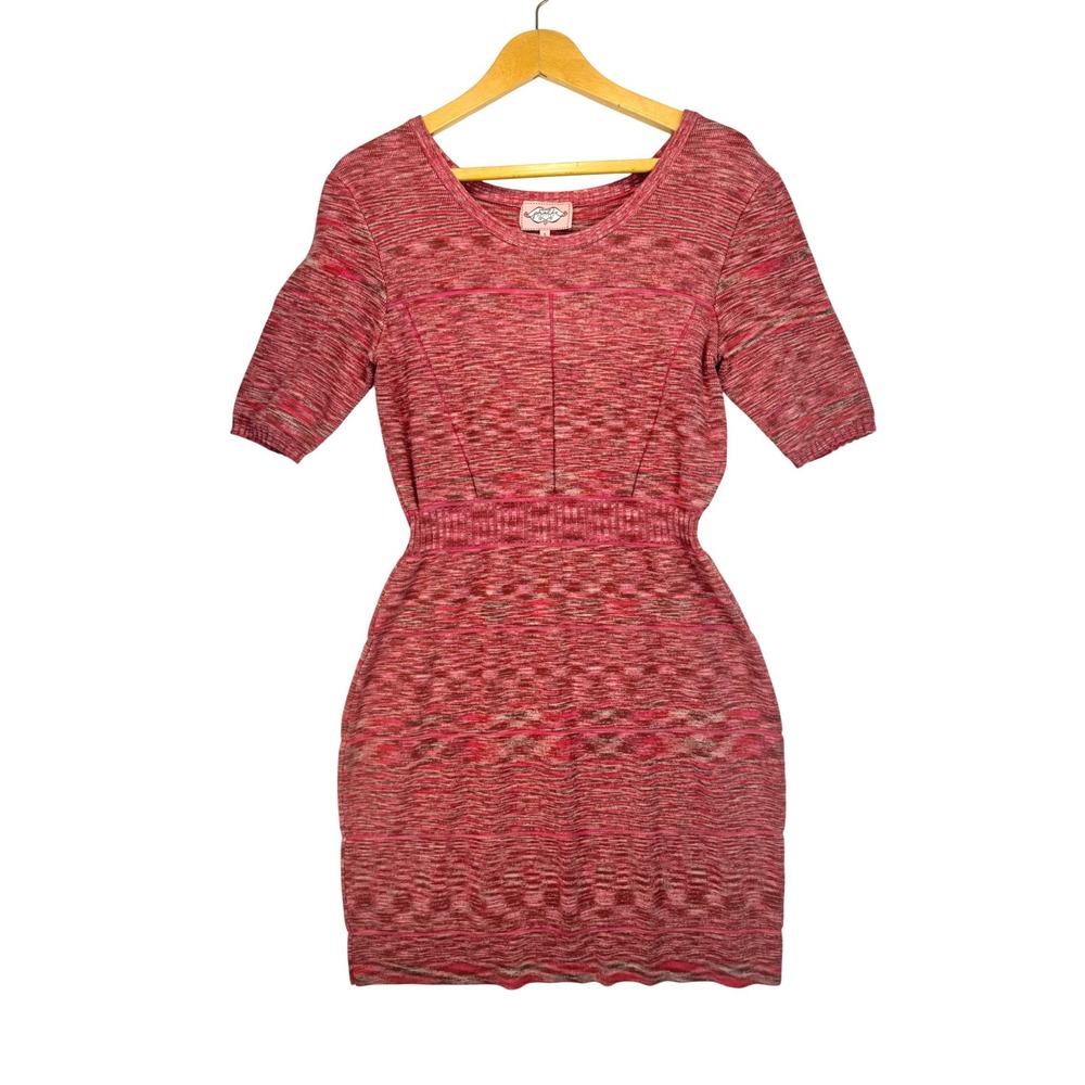 Phoebe Couture Kay Unger Pink Red Space Dye Knit Short Sleeve Sheath Dress L